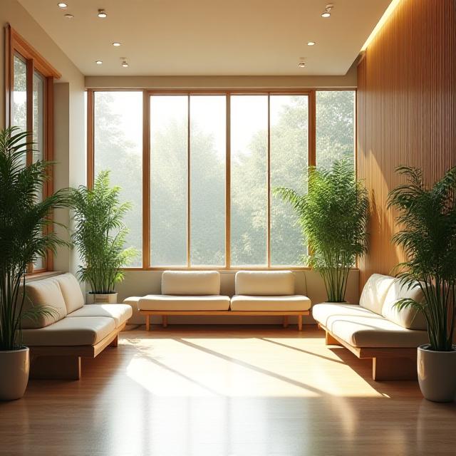 Sunlit waiting room with indoor plants and wood accents